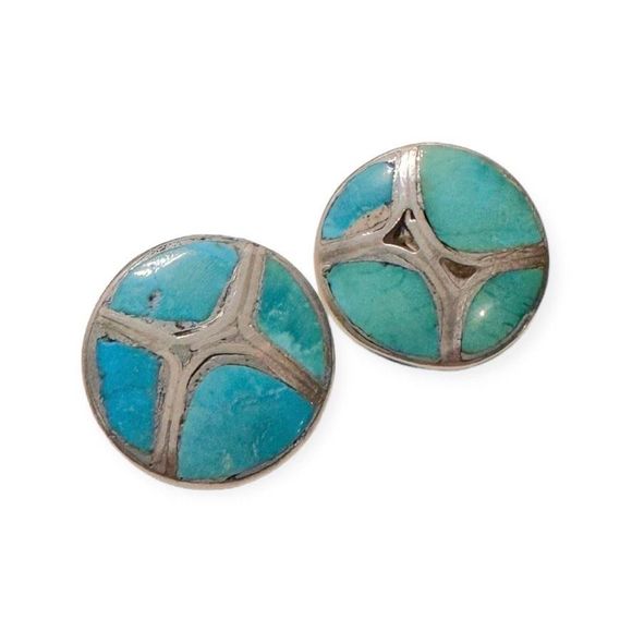 Vintage Zuni Sterling Silver Turquoise Inlay Earrings - Picture 3 of 5